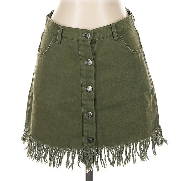 Olive Scent Army Green Fringed Hem Button Fly Skirt, Boho, Size Large - Picture 3 of 5